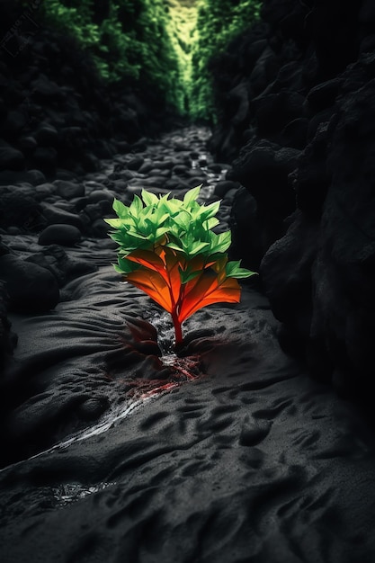 Un arbre vert est entouré par un jet d'eau.