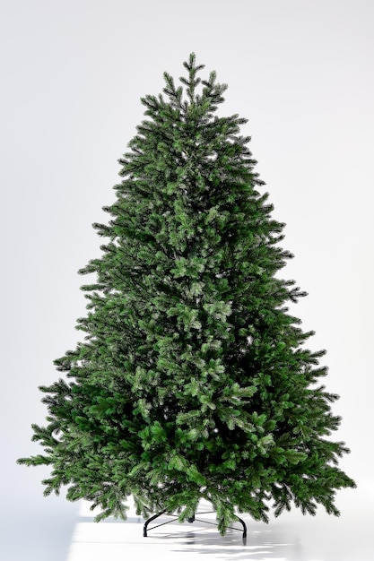 Arbre vert de Noël artificiel sans décorations sur un support métallique isolé sur fond blanc