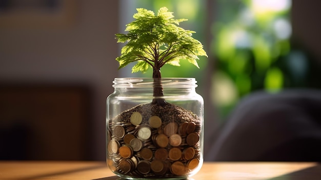 Arbre vert poussant à partir de bocaux en verre pleins de pièces d'or sur fond naturel vert flouCréé avec la technologie Generative AI