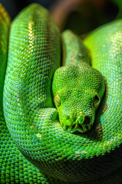 Arbre vert python Morelia viridis libre Portrait art