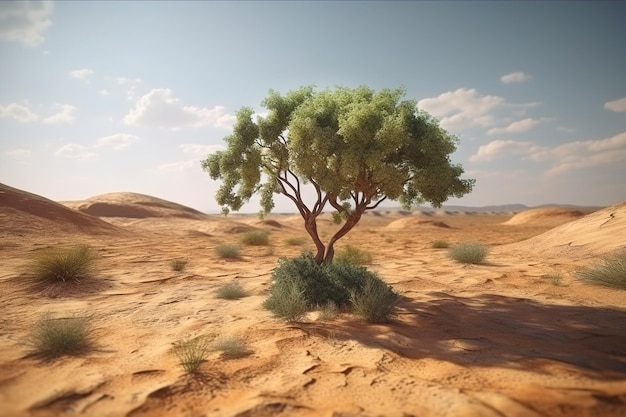 Un arbre vert solitaire pousse au milieu d'un désert chaud généré ai