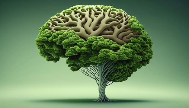 Arbre vert sous forme de cerveau humain Concept de pensée verte AI générative