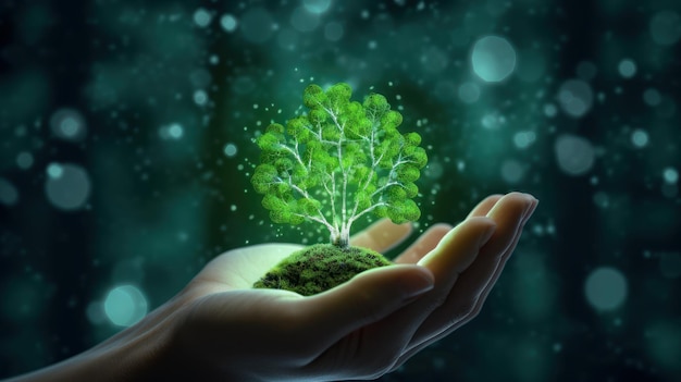 Arbre vert symbolique dans les mains de l'homme sur fond flou Respect de la nature énergie durable soin de l'environnement développement écologique Concept du Jour de la Terre rendu 3D