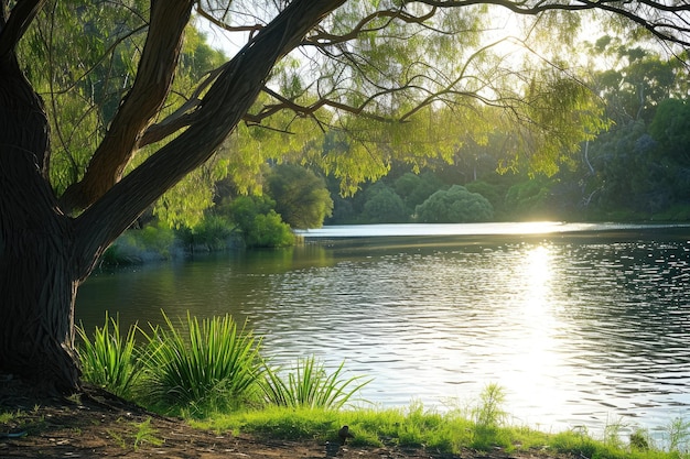 Arbre vert de tranquillité au bord de la rivière avec la réflexion de l'eau sur l'étang