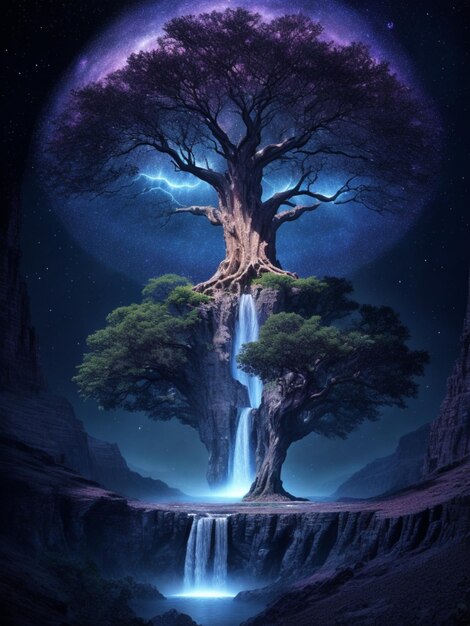 l'arbre de la vie dans l'univers de la galaxie chute d'eau fantastique dramatique