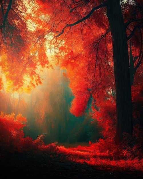 Photo arbres d'automne majestueux dans la forêt qui brillent au soleil feuilles d'automne rouges scène dramatique du matin