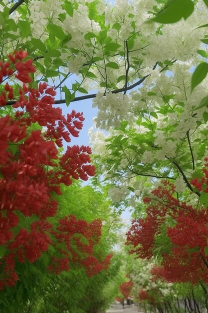 Des arbres aux fleurs blanches et rouges bordent un sentier dans un parc.