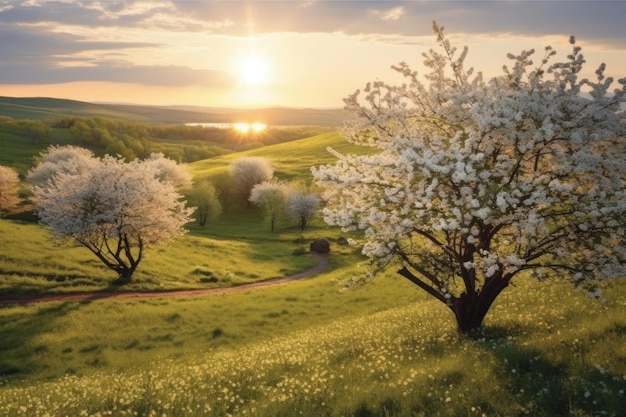 Des arbres blancs en fleurs de printemps sur le fond d'une colline verte qui est mis en évidence par le coucher du soleil