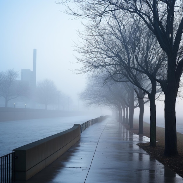 Photo des arbres bordent un trottoir dans le brouillard par une journée brumeuse ai générative