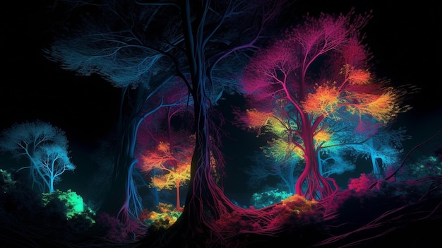 Les arbres brillent dans la nuit