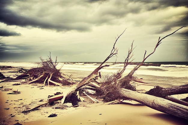 Arbres cassés et branches tombées à la suite d'un ouragan sur la plage