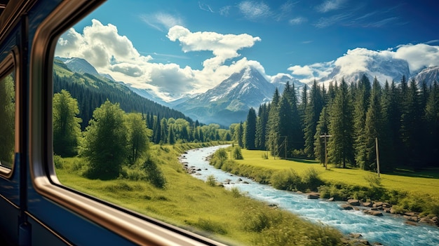 Des arbres et un ciel bleu vus depuis une fenêtre de train pendant la conduite