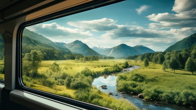 Des arbres et un ciel bleu vus depuis une fenêtre de train pendant la conduite