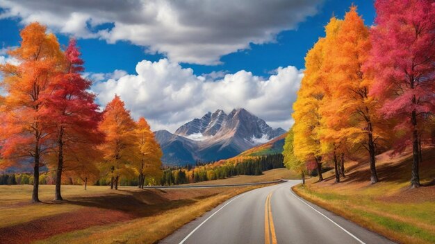 Photo des arbres colorés avec une longue route près de la montagne avec des nuages ombragés