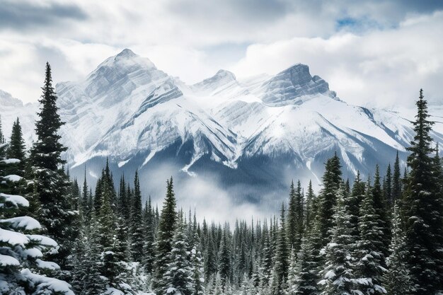 Des arbres couverts de neige sur le fond d'une montagne