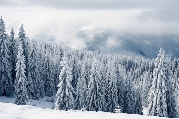 Des arbres couverts de neige sur le fond d'une montagne