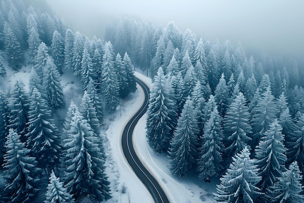 Des arbres couverts de neige le long d'une route sinueuse