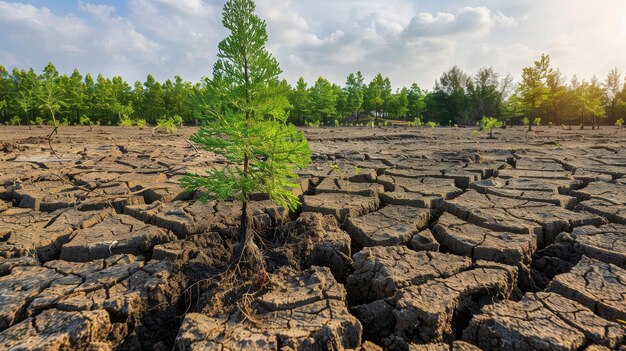 Photo arbres cultivés dans un sol sec et fissuré pendant la saison sèche réchauffement climatique