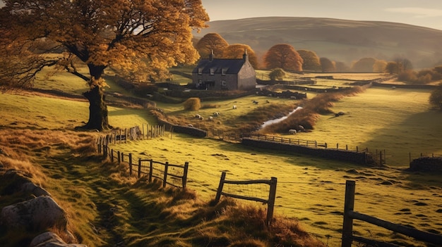 Photo des arbres dans un champ avec une clôture et une maison au loin