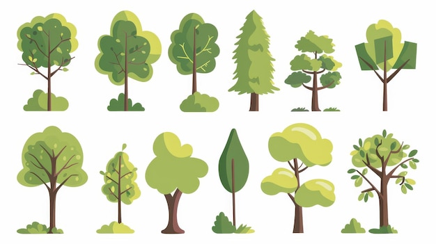 Des arbres de dessins animés isolés sur un fond blanc Style moderne simple Forêt de plantes vertes mignons