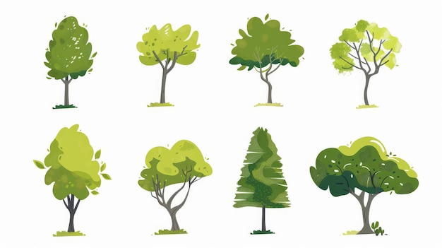 Des arbres de dessins animés isolés sur un fond blanc Style moderne simple Forêt de plantes vertes mignons