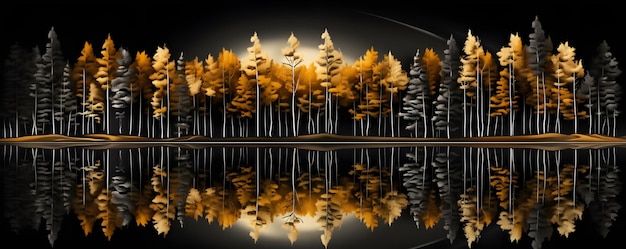 Arbres dorés reflétés dans le lac sur fond de ciel noir Art de toile moderne avec forêt jaune doré