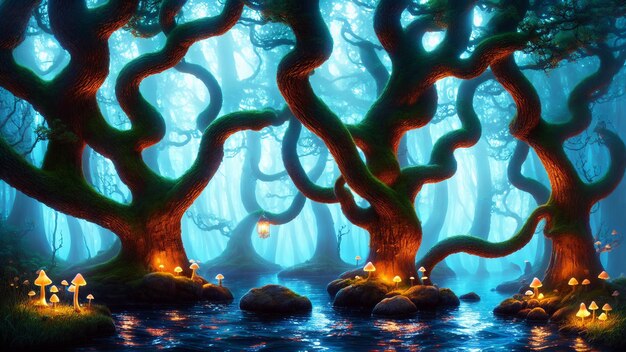 Des arbres effrayants avec des champignons brillants dans une forêt avec de l'eau bleue et de la lumière brillant à l'arrière-plan