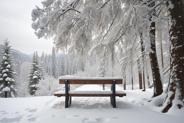 Des arbres enneigés dans une forêt avec un banc et une table pour se reposer beau concept pour la nature hivernale et la forêt