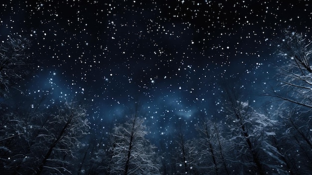 Photo arbres enneigés dans une forêt d'hiver avec des chutes de neige et pas de poussière ou de bruit juste de nombreux flocons de neige volants dans le ciel