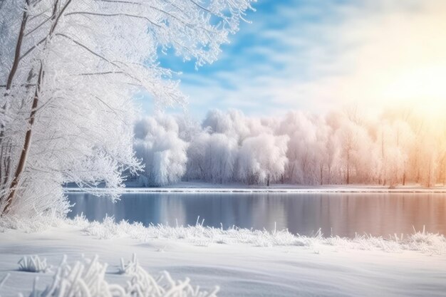 Des arbres enneigés, un lac serein, le charme de l'hiver, des fusées lumineuses dansent joyeusement sur des textures organiques.