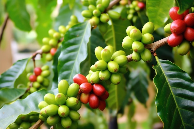 Arbres sur une ferme de café biologique avec des cerises de café rouges prêtes à être récoltées AI Generative