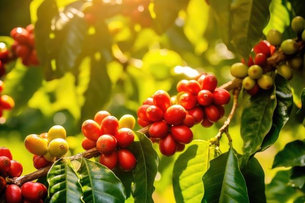 Arbres sur une ferme de café biologique avec des cerises de café rouges prêtes à être récoltées AI Generative