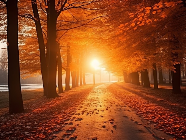 des arbres avec des feuilles sur le sol et un chemin au milieu de l'ai génératif.