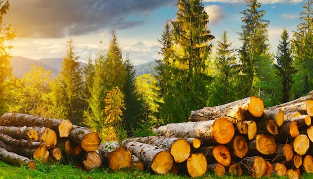 Les arbres forestiers de pin et d'épicéa Les troncs de bois empilent l'exploitation forestière L'industrie du bois Bannière large