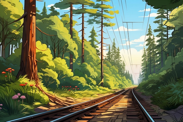 Les arbres de la forêt le long d'un chemin de fer un jour d'été