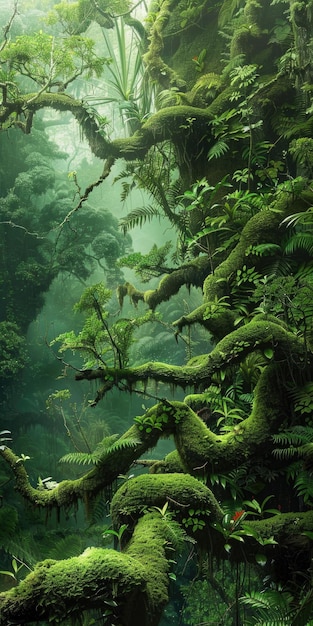 Les arbres de la forêt tropicale couverts de mousse dans la jungle Les arbres et les vignes dans la nature