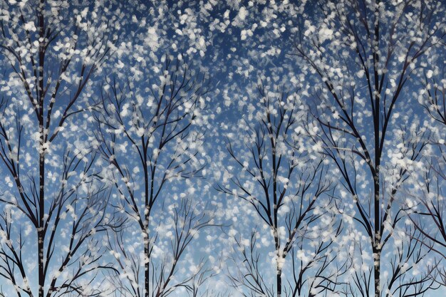 Des arbres gelés avec des flocons de neige sur le fond bleu du ciel d'hiver