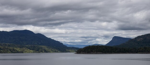 Arbres sur l'île avec maisons et ferry passant entourés par l'océan et les montagnes