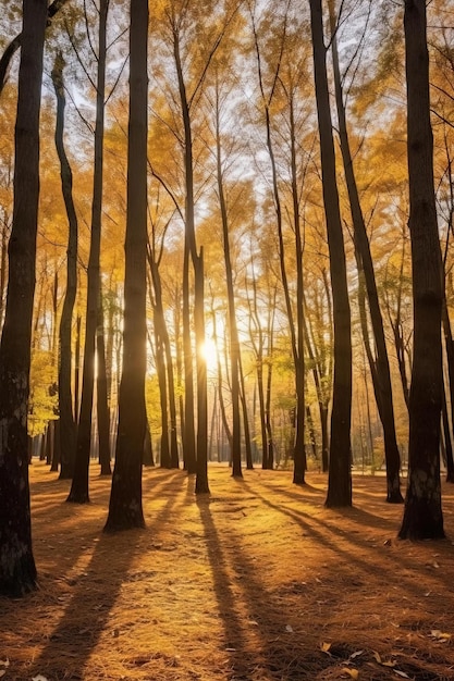 arbres jaunes dans une forêt avec et rayons de soleil dans le style répétitif