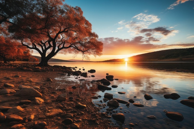 Arbres, lacs, reflets dans l'eau, IA générative