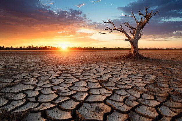 Photo des arbres morts sur un sol sec et fissuré.