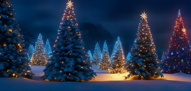 Des arbres de Noël brillants comme arrière-plan panoramique Des arbres de noël brillants en arrière-fond AI Génératif