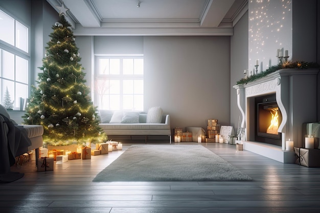 Des arbres de Noël et des cadeaux sont exposés à côté d'une cheminée moderne dans la salle