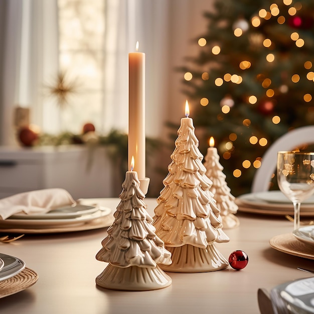 Photo des arbres de noël en céramique ornés de bougies et d'un décor festif créent une scène joyeuse sur une table.