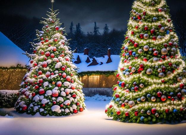 Arbres de Noël dans la neige avec une maison en arrière-plan