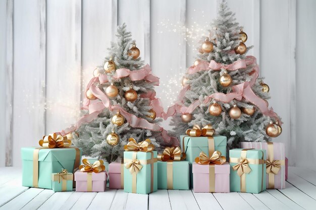 Arbres de Noël menthe et coffrets cadeaux roses avec nœuds dorés sur fond en bois blanc IA générative