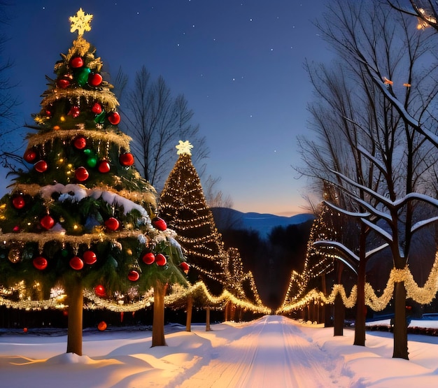 Des arbres de Noël sur une rue enneigée