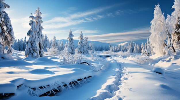 Photo des arbres et des pistes dans le paysage enneigé