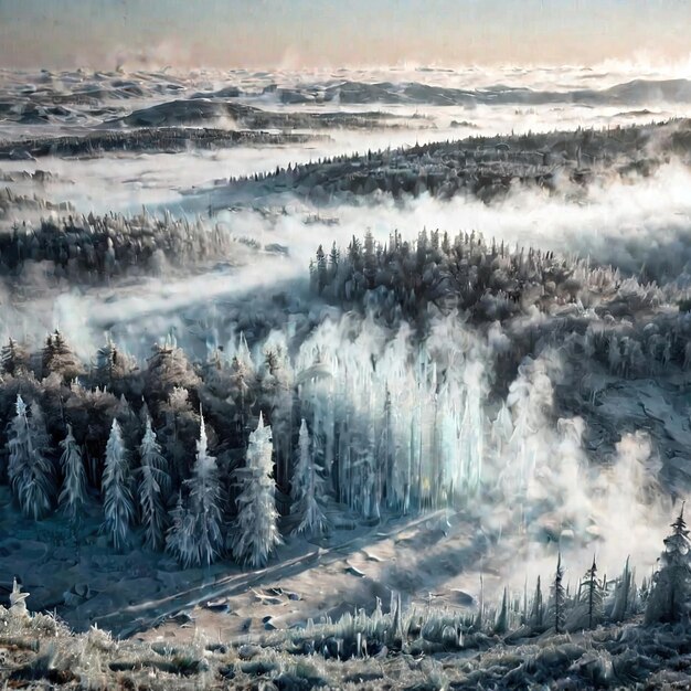 Des arbres recouverts de gel dans des précipitations de froid extrême froid hivernal gelé et recouvert de glace