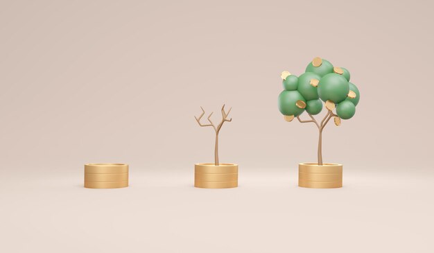 Arbres de rendu 3D avec des pièces de monnaie sur une pile de pièces de monnaie de petite à grande dans le thème sur le concept d'arrière-plan de la croissance financière de l'arbre d'argent. Illustration de rendu 3D. Investissement financier.